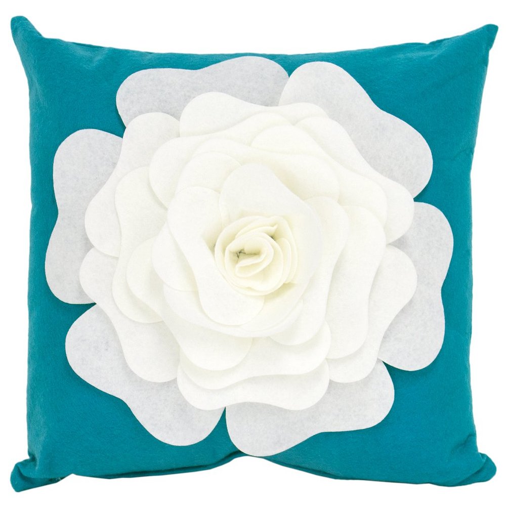 Handmade White 3D Rose Teal 17" Throw Pillow Cover